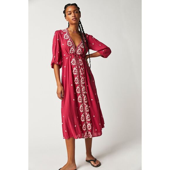 Free People Embroidered Fable Midi Dress - Dolled Up Combo Pink Size XS - Picture 1 of 12